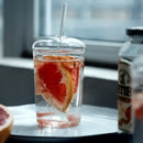 Ljojo 450ML Clear Glass Iced Coffee Cup with Lid and Straw, Stylish Transparent Drinkware