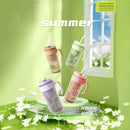Ljojo 550ML Glass Sports Water Bottle with Straw - Large Capacity Cute Outdoor Travel Cup
