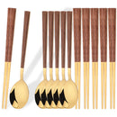 Ljojo Luxury Wooden Handle Cutlery Set - 8/12Pcs, Korean Style Flatware & Chopsticks