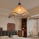 Ljojo Japanese Retro Fabric Tassel Umbrella Pendant Light Chandelier for Dining Room and Bedroom