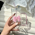 Ljojo 350ML Square Mug with Lids, Straws, Bow Handle - Pink Female Milk Coffee Cup