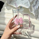 Ljojo 350ML Square Mug with Lids, Straws, Bow Handle - Pink Female Milk Coffee Cup
