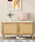 Ljojo™ Rattan Shoe Storage Bench with Cushion, Wooden Entryway Cabinet Organizer