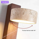 Japanese Wabi Sabi Yellow Travertine Wall Lamp Pull Chain LED Wood Stone Lights by Ljojo