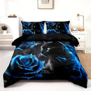 Black Cat Blue Rose Duvet Cover Set - Ljojo Floral Animal Bedding
