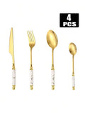 Ljojo 24pcs Ceramic Handle Cutlery Set with Holder - Stainless Steel Knife Fork Spoon
