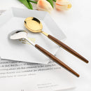 Ljojo 16Pcs Brown Gold Stainless Steel Dinnerware Set with Wooden Handle