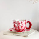 Ljojo 10oz Korean Style Ceramic Coffee Mug with Saucer Hand Painted Tea Cup Set