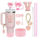 Ljojo 10-Piece Cup Accessories Set with Straws, Brush, Flower Charm, & Spill-Proof Stopper