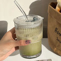 Ljojo 450ml Stripe Glass Cup with Lid and Straw - Drink in Style with this Elegant Glassware.