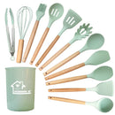 Ljojo 12PCS Silicone Kitchen Utensils Set with Wooden Handle - Non-Stick Cookware & Egg Beaters