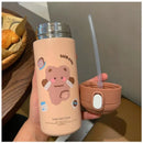 Ljojo 380ml Stainless Steel Vacuum Flask with Straw - Cute Thermal Insulation Water Bottle