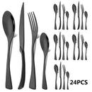 Ljojo 24Pcs Black Stainless Steel Flatware Set Steak Knife Fork Spoon Teaspoon Cutlery
