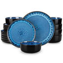 Ljojo 18/24PCS Black Ceramic Plate Sets - Mediterranean Blue Stoneware Dinner Set