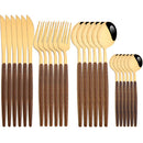 Ljojo 24Pcs Brown Silver Stainless Steel Cutlery Set with Wooden Handle