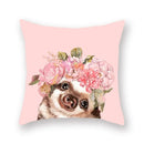 Floral Animal Painting Pillowcase Pink Cat Dog Llama Sofa Cushion Cover Home Decor