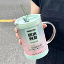Ljojo 1000ml Glass Cup Lid Straw Handle Large Kawaii Tumbler Juice Drinking Bottle