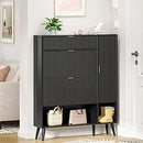 Ljojo™ Fluted Shoe Cabinet with 2 Flip Drawers, Beige Slim Shoe Storage