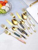 Ljojo 24pcs Ceramic Handle Cutlery Set with Holder - Stainless Steel Knife Fork Spoon