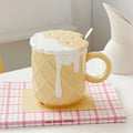 Ljojo 400ML Biscuit Pattern Coffee Mug With Lid, Spoon - Cute Kawaii Ceramic Cup