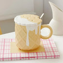 Ljojo 400ML Biscuit Pattern Coffee Mug With Lid, Spoon - Cute Kawaii Ceramic Cup